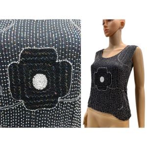 70s Heavily Beaded Mod Floral Sleeveless Top