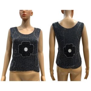 70s Heavily Beaded Mod Floral Sleeveless Top - Fashionconservatory.com