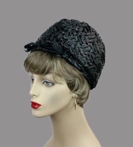 Vintage Black Raffia Bubble Crown Pillbox Hat - Fashionconservatory.com