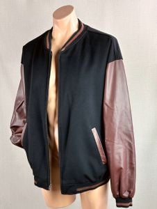 Vintage 1990s Black and Brown Wool, Leather Varsity Jacket by Bullock and Jones, Sz XL - Fashionconservatory.com