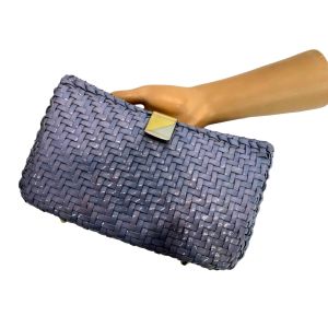 70s Blue Woven Shoulder Bag Clutch w Chain Gold Silver Clasp - Fashionconservatory.com