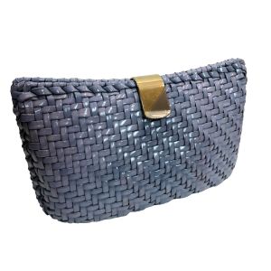 70s Blue Woven Shoulder Bag Clutch w Chain Gold Silver Clasp