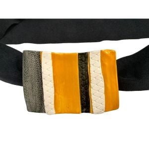 80s 90s Wrap Belt w Large Ceramic Buckle Art to Wear | Black Orange Gray