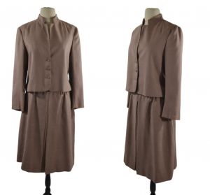 1970s Taupe Two Piece Suit, Jacket and Skirt by Forecaster of Boston