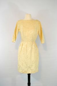 1950s Golden Yellow Damask Flower/Rose Brocade Wiggle Three Quarter Sleeve Dress  - Fashionconservatory.com