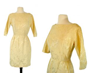 1950s Golden Yellow Damask Flower/Rose Brocade Wiggle Three Quarter Sleeve Dress 