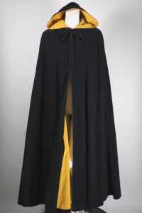 1970s hooded cape black wool velour gold velvet cloak cosplay