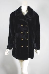 Fuzzy black faux fur late 1960s-70s coat double-breasted size L