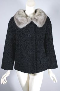 Black curly lamb faux fur short jacket 1960s silver mink collar