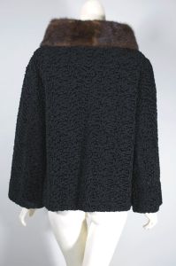 Black curly lamb faux fur short jacket 1960s brown mink collar - Fashionconservatory.com