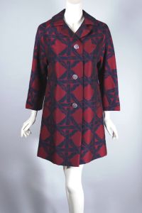 Navy blue burgundy silk wool blend 1960s coat lattice design brocade