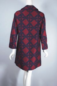 Navy blue burgundy silk wool blend 1960s coat lattice design brocade - Fashionconservatory.com