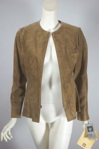 Khaki sand suede jacket zip front 1970s Anne Klein deadstock - Fashionconservatory.com