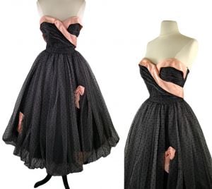 1950s Black Tulle with Pink Satin Ribbon, Bubble Skirt Strapless Dress by Minuet Designed by Mollie 