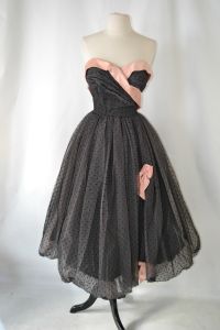 1950s Black Tulle with Pink Satin Ribbon, Bubble Skirt Strapless Dress by Minuet Designed by Mollie  - Fashionconservatory.com