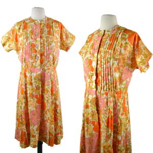 1950s Bright Floral Print Side Pleated Shirtwaist Dress by Tucker Grossman Design