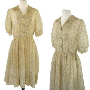 1950s Ivory and Black Sheer Shirtwaist Dress, Full Skirt, Needs TLC