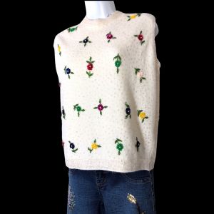 1950s Hand Beaded Floral Lambswool/Angora/Nylon Sleeveless Shell Bust 40”