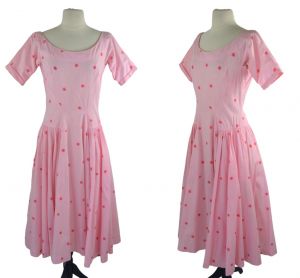 1960s Pink and White Gingham Fit and Flare, Circle Skirt Dress, Dark Pink Polka Dots