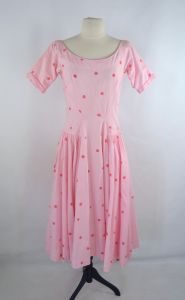 1960s Pink and White Gingham Fit and Flare, Circle Skirt Dress, Dark Pink Polka Dots - Fashionconservatory.com