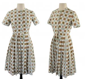 1950's Ivory Shirtwaist Dress with Embroidered Vertical Stripes  Ivory dress with vertical stripes s