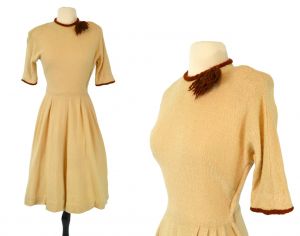 1950s Tan and Brown Knit Weave Dress by Bloomfield Junior