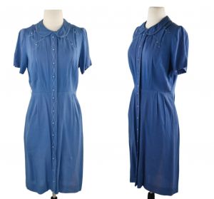 1950s Blue Linen Day Dress by Fashioned by Lampl, Needs TLC, Wounded Bird