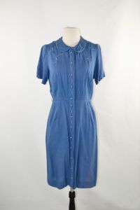 1950s Blue Linen Day Dress by Fashioned by Lampl, Needs TLC, Wounded Bird - Fashionconservatory.com
