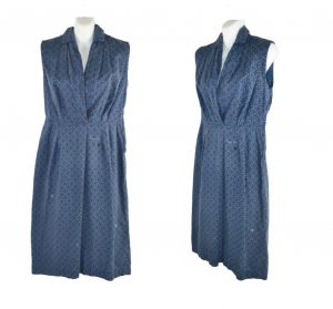 1950s Blue Sleeveless Shirtwaist Cotton Dress by Bea Young, Need TLC