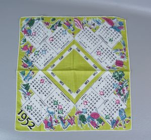 1952 Lime Green and White Calendar Handkerchief, Seasonal Theme
