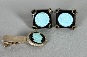 Vintage Blue Cameo Cuff Links and Tie Tac