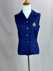 50s Navy Blue Linen Button Front Sleeveless Blouse by Casual Time, B34 - Fashionconservatory.com