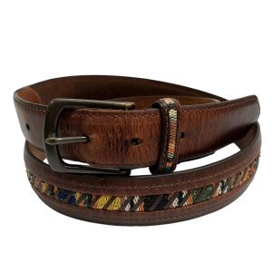 90s Brown Leather Belt w Tapestry Inlay 