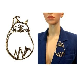 Vintage Large Gold Modernist Open Work Cat Brooch Pin 