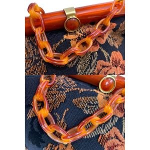 60s Large Chenille Carpet Bag Orange Lucite Trim & Lucite Chain Strap - Fashionconservatory.com