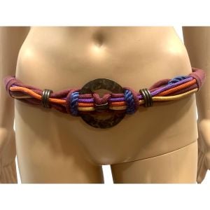 80s Multi Color Earthy Obi Knot Stretch Belt w Brass Rings 