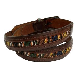 90s Brown Leather Belt w Tapestry Inlay  - Fashionconservatory.com