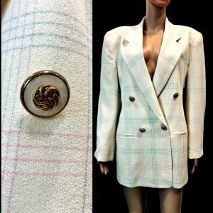 90s Wool Blazer | Cream Pink & Blue Plaid Windowpane Jacket  - Fashionconservatory.com