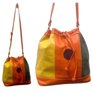 90s Bright Orange & Multicolor Color Block Leather Bucket Bag 