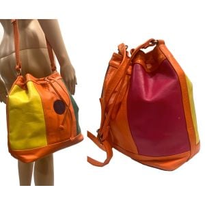 90s Bright Orange & Multicolor Color Block Leather Bucket Bag  - Fashionconservatory.com