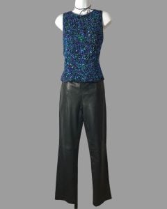 1980s Laurence Kazar Jewel Tone Confetti Sequin Silk Halter Disco Top - Fashionconservatory.com
