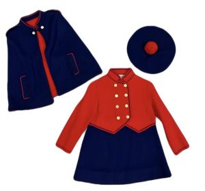Piccolino Vintage Gino Paoli 3PC Dress Cape Hat Set Girls 4T Red Blue Acrylic 60s
