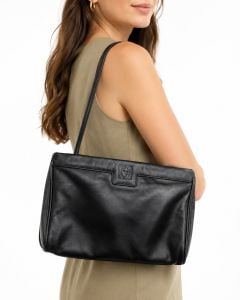 70s 80s Black Leather Shoulder Bag w Lion Face Logo 