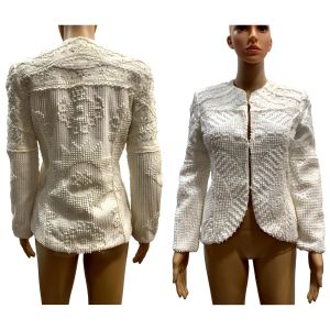 80s Ivory Romantic Chenille Jacket w Pearls and Lace | XXS/XS