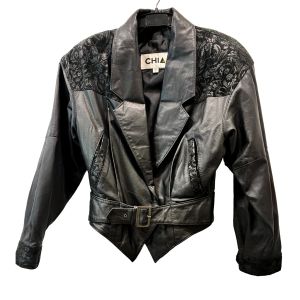80s Leather & Suede Statement Jacket – Cropped Waist Belt, Padded Shoulders