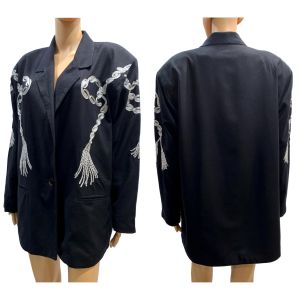 80s Oversized Black Silk Blazer w Silver embroidery Tassels & Ribbon