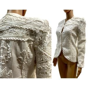 80s Ivory Romantic Chenille Jacket w Pearls and Lace | XXS/XS - Fashionconservatory.com