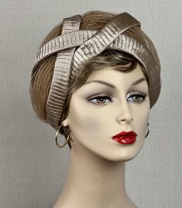 70s Taupe Fabric Turban Hat by d. Charles