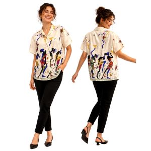80s Colorful Rayon Dancer Print Shirt African Music Art Blouse M
