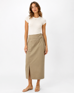 70s Khaki Midi Skirt – Wrap Front Safari Style Minimalist Lines